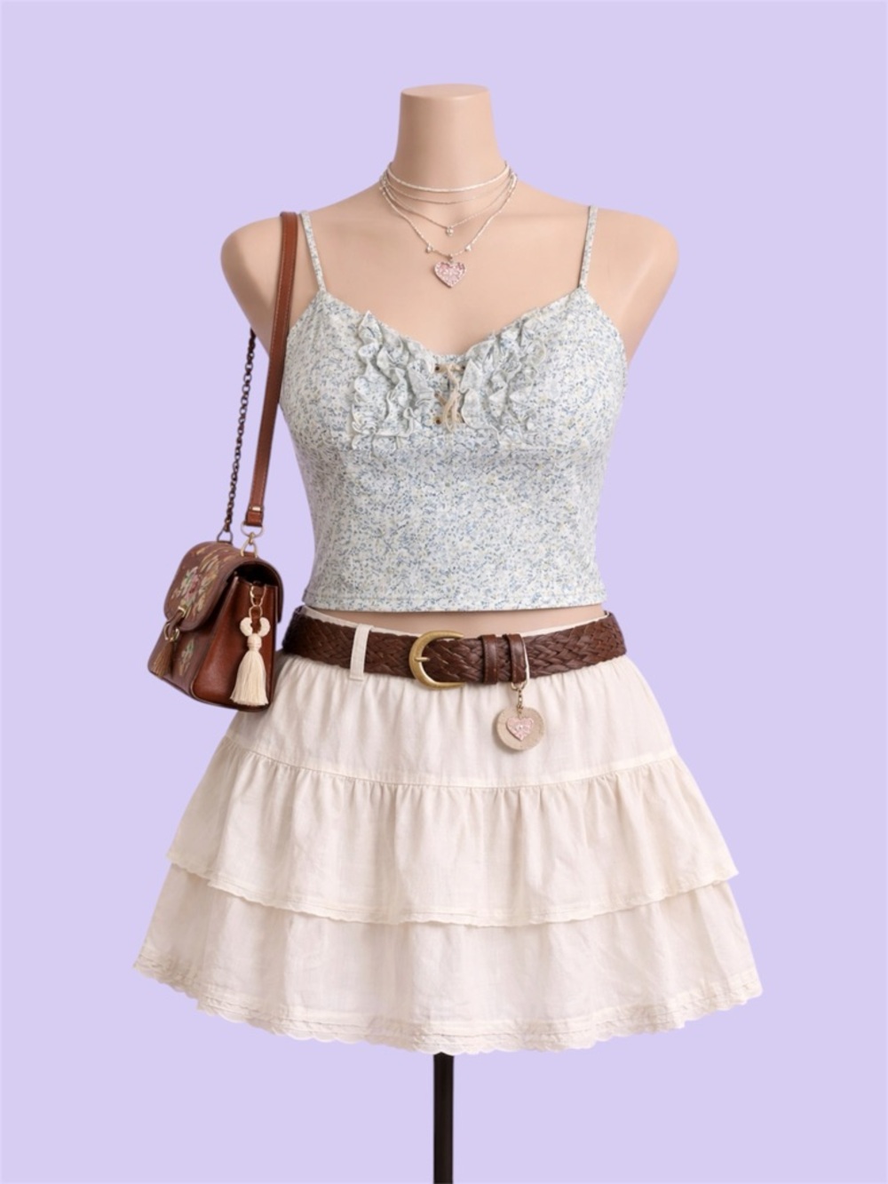 White Blue Floral Lace Up Ruffle Cami Top Cottagecore Size M Boho Chic Summer